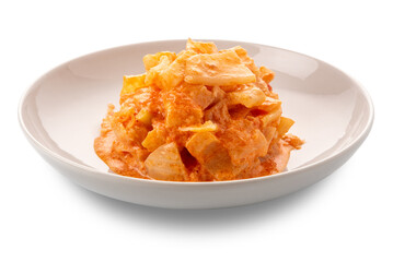 Fennel stew with tomato sauce in white dish isolated