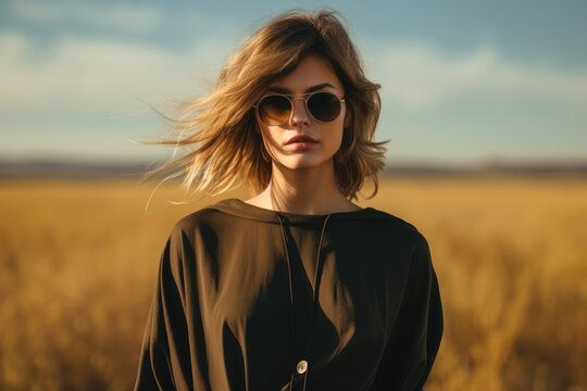 A woman standing in a field wearing sunglasses. Generative AI.