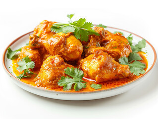 A plate of delicious chicken curry with a white background. Complete with spice ingredients.