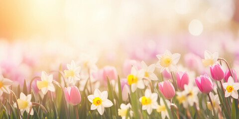 Beautiful colorful tulips and daffodils blossoming in a garden on sunny spring day. Beauty in nature. - obrazy, fototapety, plakaty