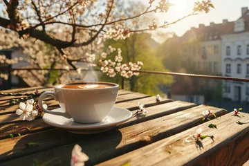 Tuinposter Cup of coffee on a table of outdoor cafe on sunny spring day in typical European town. Having a cup of hot beverage in the morning. © MNStudio