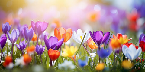 Beautiful colorful crocus flowers blossoming in a garden on sunny spring day. - obrazy, fototapety, plakaty
