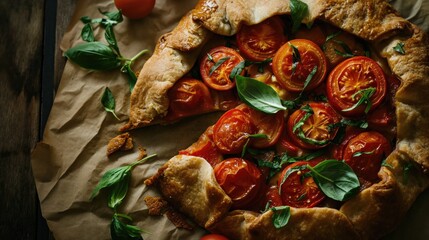 Fototapeta premium Freshly baked tomato galette on wooden table. rustic style background.