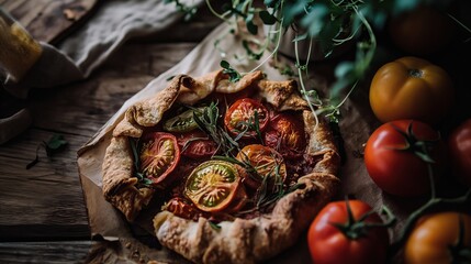 Freshly baked tomato galette on wooden table. rustic style background.