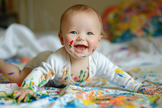 Cute cheerful baby playing with finger paints. Little infant painting on white background. Creative leisure for babies.