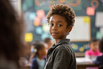Cute optimistic child presenting a school project. Little boy during a lesson in classroom. Kid doing homework.