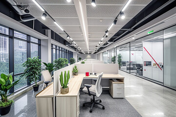 Modern office with open space and large windows