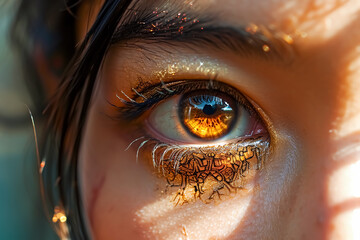 Macro shot of beautiful asian woman's eye. Beautiful female eye with makeup.