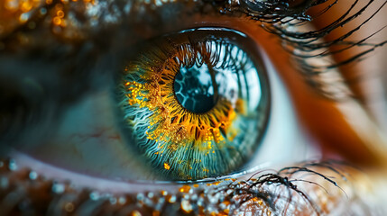 Macro shot of the eye of a woman with blue iris. 