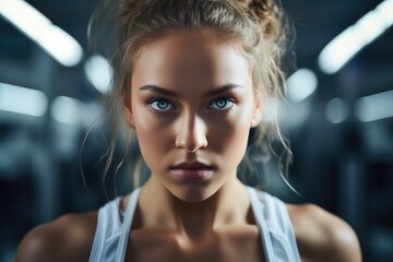 Close-up of a young woman in the gym Her face reflects fierce determination and vitality....