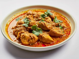 A plate of delicious chicken curry with a white background. Complete with spice ingredients. © Aisyaqilumar