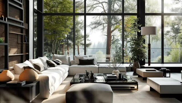 modern living room with windows and nature views. Seamless looping 4k time-lapse virtual video animation background 