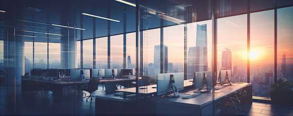 Modern office room with flat big windows and frame lines.