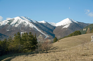 Mountains with snow-capped peaks and valley with meadows and conifers. Marsicano Mounts, Abruzzo, Italy. 