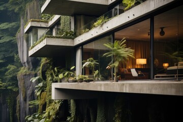 Fototapeta premium Mountain house with brutal concrete and stone material in jungle. Generative AI.