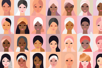 Multicultural women crowd portrait. Neural network AI generated art