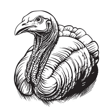 Illustration with turkey. Graphic drawn bird. Engraving style.