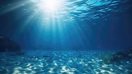 Deep ocean, blue underwater with sunlight shine to sand sea floor - obrazy, fototapety, plakaty