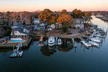 Aerial View of Homes and a Community Boat Dock in a Neighborhood in Norfolk Virginia - obrazy, fototapety, plakaty