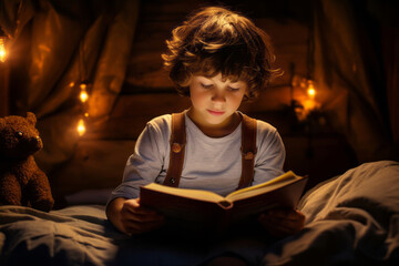 Fototapeta na wymiar Cute little boy reading a book in his bed at night. Child reading in dark bedroom with string lights on.
