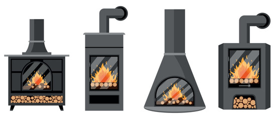 Modern fireplace. Set fireplace, gypsum, flame. Metal Fireplace, pig-iron fireplace pleases with a beautiful bright flame near a linking of firewood 