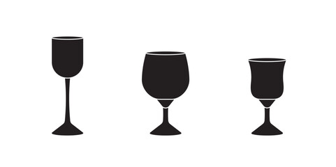 Set of various glasses for alcohol and non alcohol drinks in silhouette style on white background for icons, posters, patterns, webs, apps, wrapping	