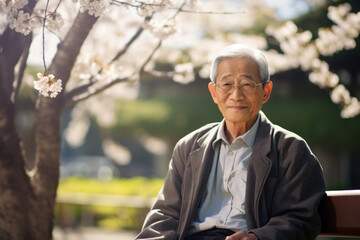 Senior man sitting alone on a bench in city park on sunny spring day. Elderly man enjoying nice spring weather.