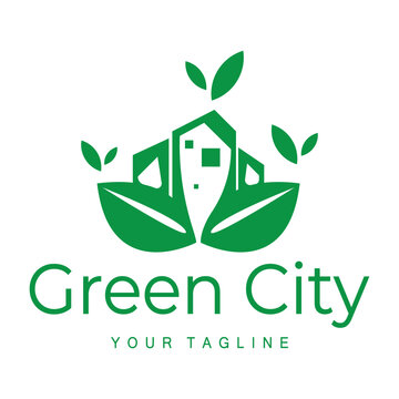 green and healthy modern city with leaf logo design for business, property, building, eco city, future city, architect, environmentally friendly