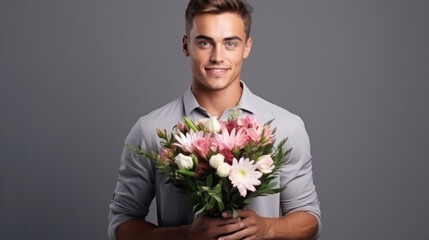Handsome man holding the bouquet of flowers for gift for valentines or birthday celebration. Smiling male in white shirt holding flowers isolated on the grey background.