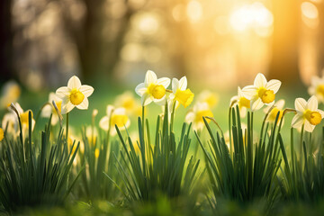 Beautiful bright yellow daffodil flowers blossoming in a garden on sunny spring day. Narcissus blooming in nature.