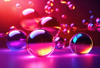 abstract neon background with glass balls and laser lines, Glowing light and translucent bubbles
