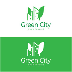 green and healthy modern city with leaf logo design for business, property, building, eco city, future city, architect, environmentally friendly