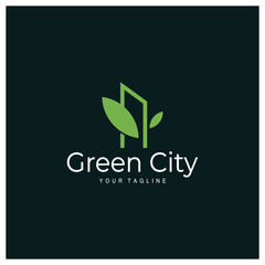 green and healthy modern city with leaf logo design for business, property, building, eco city, future city, architect, environmentally friendly