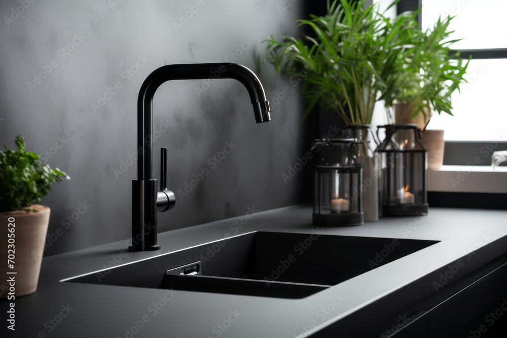 Wall mural black kitchen faucet with a black sink and green plants in a stylish modern kitchen. safe to drink t