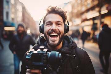 Handsome young man recording video blog with his camera on the street. Influencer creating content for his social media account. Social media and blogging concept. - obrazy, fototapety, plakaty