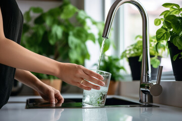 Filling up a glass with clean drinking water from kitchen faucet. Safe to drink tap water.