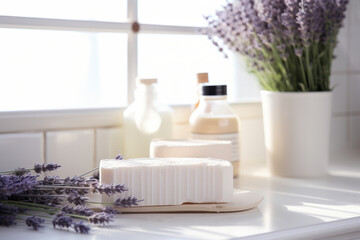 Handmade pastel purple lavender soap in white sunny bathroom. Home made spa, skincare and cosmetology concept.