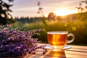 Cup of fresh healthy lavender tea on a wooden table on sunny morning. Lavender tea poured into...