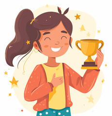 Happy girl holding golden winner cup, vector in minimalism