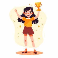Happy girl holding golden winner cup, vector in minimalism