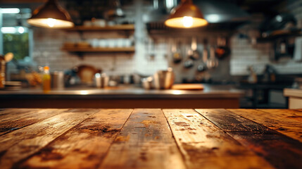 Generative AI, empty wooden tabletop on blurred modern kitchen background with copy space	
