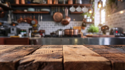 Generative AI, empty wooden tabletop on blurred modern kitchen background with copy space	
