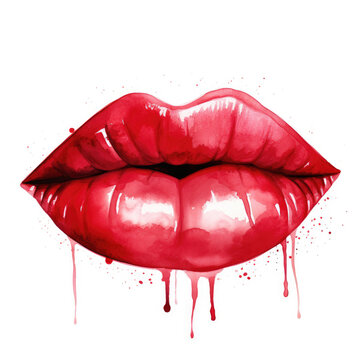 Watercolor red imprint of red lipstick on white background