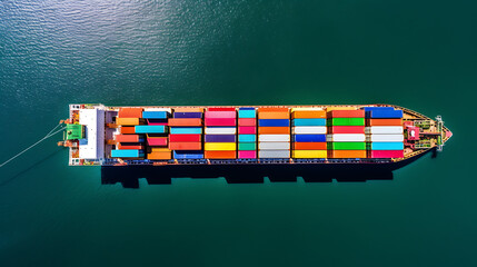 Aerial shot of ship with colored containers, sunny day