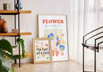 Mockup of two customizable vertical wood frames against wall