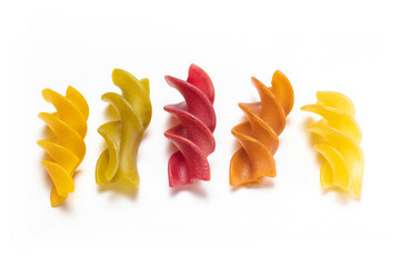 Fusilli pasta displayed on white background