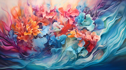 Vivid abstract fluid art evoking the dynamic beauty of a blooming flower, rich with swirling colors and organic forms