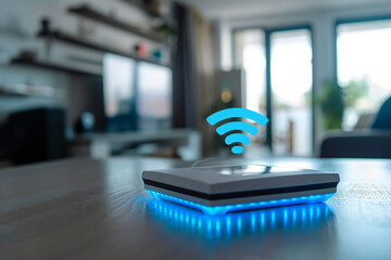 Wi-Fi. Router with Wi-Fi symbol on a table in the living room. Router with LED backlight on a table in the room. - obrazy, fototapety, plakaty