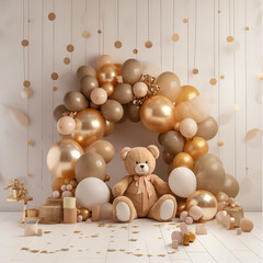 Arrangement, decoration with balloons and teddy bears for a child's birthday, baby shower, powdery...