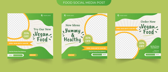 Healthy organic fresh vegetarian food promotion menu in green and white for promotional social media post square and web ads - obrazy, fototapety, plakaty